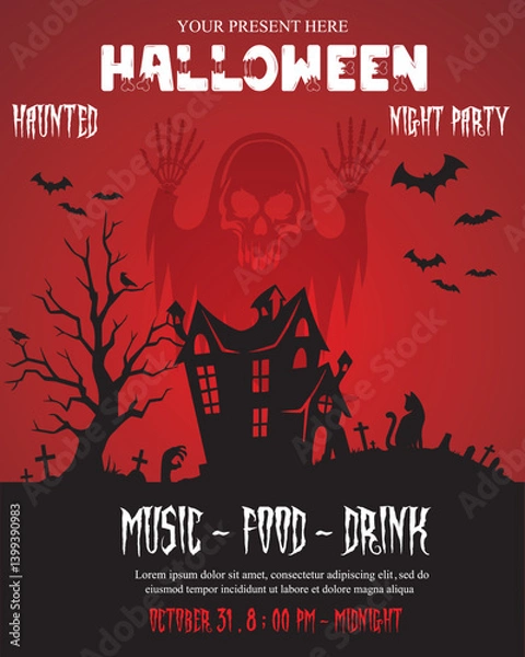 Fototapeta Halloween party flyer template with haunted house and scary ghost with bony arms , bats fly haunted tree and much more.Vector illustration background . Eps 10