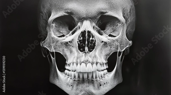 Fototapeta An overhead view of an X-ray image displaying a human skull with detailed visibility of the cranial bones, teeth, and sinus cavities.