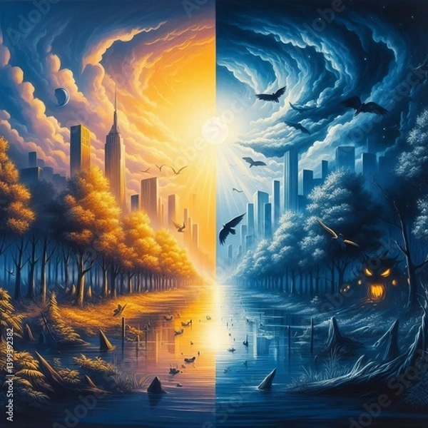 Fototapeta Artistic representation of golden hour vs blue hour lighting