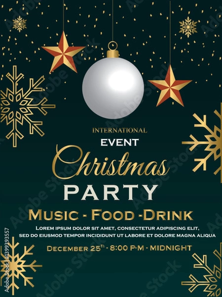 Fototapeta A sophisticated Christmas party poster with a dark green background, golden snowflakes, red and gold stars, and a white ornament. The text highlights music, food, and drinks, scheduled for December 25
