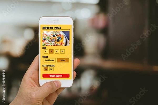 Obraz Fast Food, Pizza, Ordering Concept Illustrated by Smartphone App in Online Mobility Era