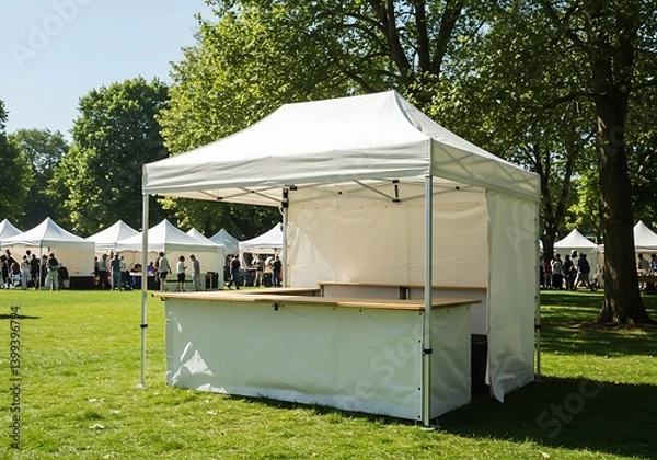 Fototapeta Setting Up White Tent at Outdoor Event on Sunny Day