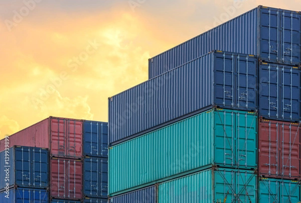 Fototapeta container ship in import export and business logistic.By crane ,Trade Port , Shipping.cargo to harbor.Aerial view.Top view.