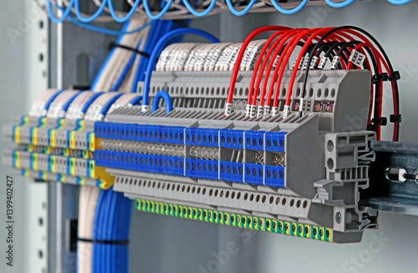 Fototapeta Electrical terminals with insulated wires connected in the electrical switchboard. 