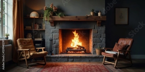 Fototapeta Realistic wispy smoke rising from a crackling fireplace in a cozy room, warm glow, fireplace, fire