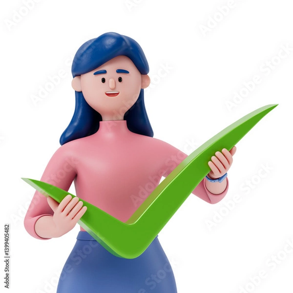 Fototapeta woman holding a large green checkmark, symbolizing approval or success. 3D rendering, conceptual image. Isolated on white background.