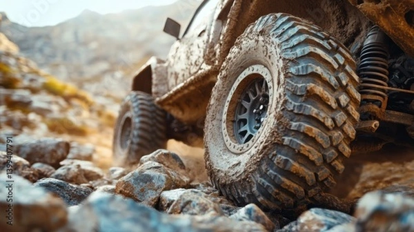 Fototapeta A close-up of a rock car's rugged tires and suspension, navigating over large rocks 