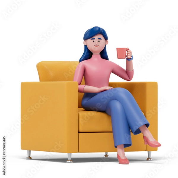 Fototapeta woman relaxing on a couch with a cup, symbolizing leisure or break time. 3D rendering, conceptual image. Isolated on white background.