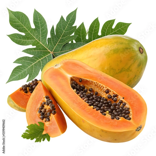 Fototapeta Ripe papaya fruit sliced in half on a white background showing juicy orange flesh and seeds