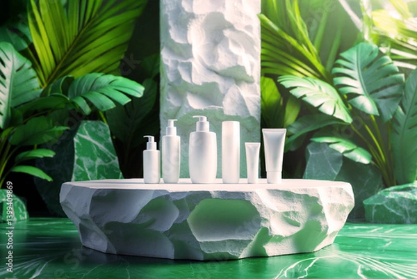 Fototapeta Minimal white bottles products are placed on a stone table in a tropical setting. The scene feels clean, fresh, and natural.