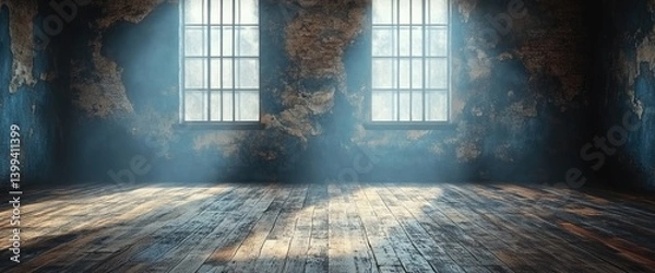 Fototapeta Light streams through two barred windows into an old, weathered room with a wooden floor