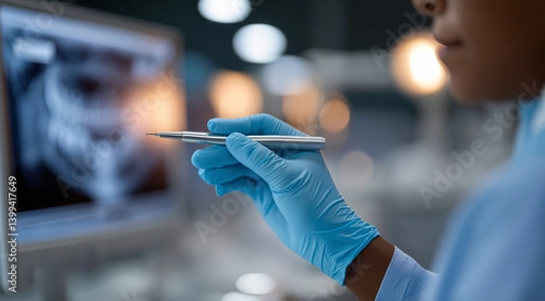 Obraz Dental clinic, a female dentist wearing blue gloves using a digital pen to display a tooth X-ray on a computer screen in a dark office room, dental care concept.