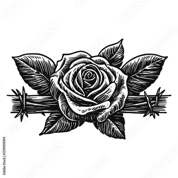 Obraz Vintage Hand-Drawn Rose with Barbed Wire and Leaves Design