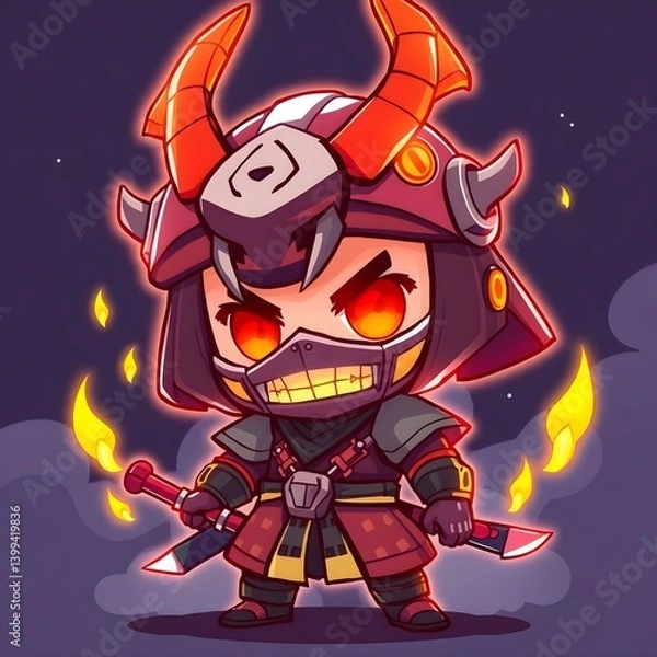 Fototapeta illustration of a chibi samurai character wearing a demon mask