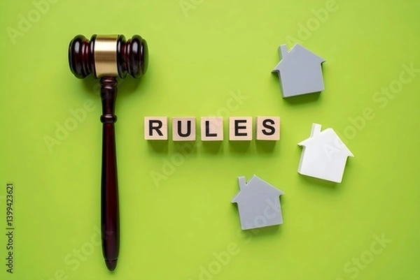 Fototapeta A conceptual still life photograph depicting legal and property themes, featuring a dark wooden judge's gavel positioned on the left side of a lime green background. 