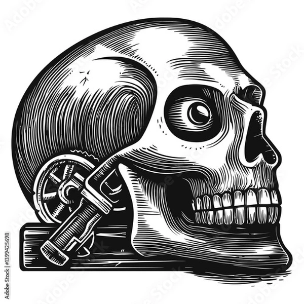 Obraz Detailed Skull Illustration with Mechanical Elements in Black and White