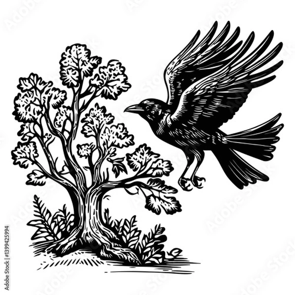 Obraz Raven and Tree Illustration in Classic Woodcut Style Design