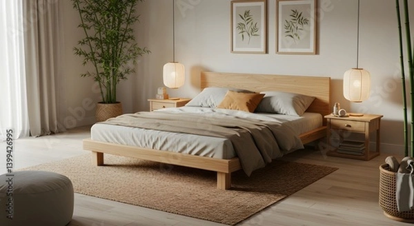Fototapeta Serene Minimalist Bedroom Design Light Wood Platform Bed and Natural Elements