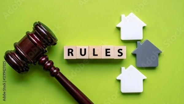 Fototapeta A conceptual still life photograph depicting legal and property themes, featuring a dark wooden judge's gavel positioned on the left side of a lime green background. 