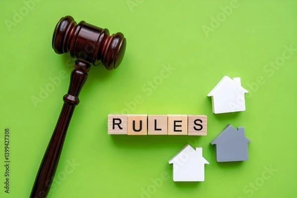 Fototapeta A conceptual still life photograph depicting legal and property themes, featuring a dark wooden judge's gavel positioned on the left side of a lime green background. 