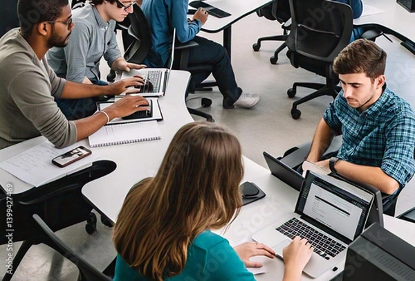 Fototapeta group of students from different background collaborating