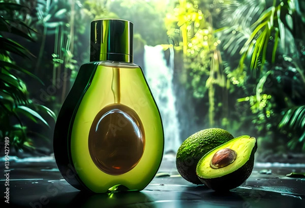 Fototapeta Vibrant avocado and shampoo bottle in avocado shaped with tropical waterfall background. Ideal for healthy lifestyle, natural products, beauty themes