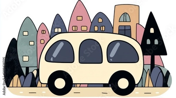 Fototapeta Beige Van in Pastel Cityscape Illustration, Generative AI.