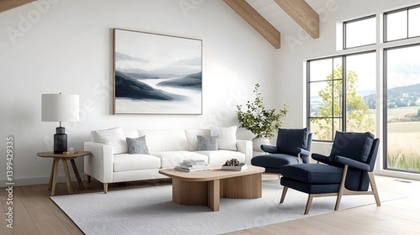 Fototapeta Cozy and inviting farmhouse style living room with a mix of modern and vintage design elements including shiplap walls rustic wooden beams and plush linen upholstery