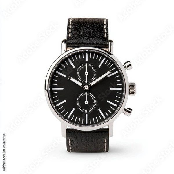 Fototapeta Black Chronograph Wristwatch with Silver Case and Leather Strap, Generative AI.