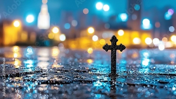 Fototapeta Black Cross in Rain on City Street at Night, Generative AI.