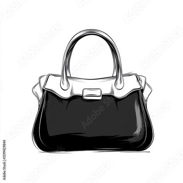 Fototapeta Black Handbag Illustration Simple Sketch Style Tote on White, Generative AI.