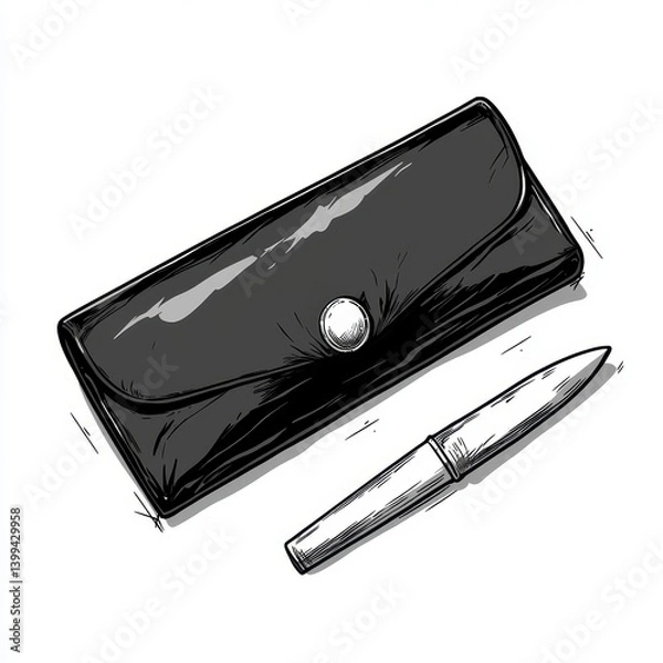 Fototapeta Black Leather Pen Case and Silver Pen Sketch Illustration, Generative AI.