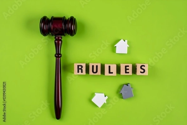 Fototapeta A conceptual still life photograph depicting legal and property themes, featuring a dark wooden judge's gavel positioned on the left side of a lime green background. 