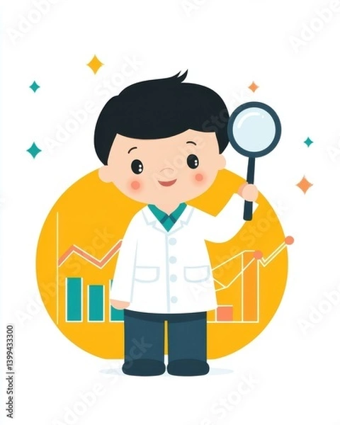 Obraz Smiling Boy Scientist Cartoon Illustration with Magnifying Glass and Charts