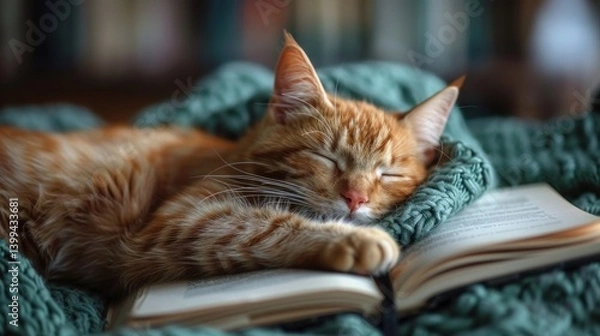 Obraz Sleepy ginger cat naps on book, cozy knit blanket, home library background.  Possible use  Pet, home, comfort, education, relaxation