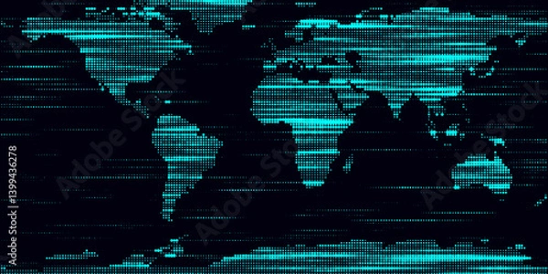 Obraz Blue map matrix pattern on the dark background in a shape of continents. Big data visualization. Digital modern texture backdrop. Vector illustration.