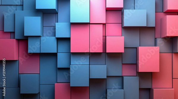 Fototapeta Abstract geometric pattern of many cubes in shades of blue and pink.
