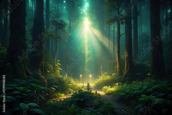 Fototapeta Forest Night Photography, Low Light Forest Scene, Dark Woods, Magical Forest, Night Forest, Mystical Forest,  Moonlight in the Woods,  Luminous Forest,  Twilight Forest,  Deep Woods at Night