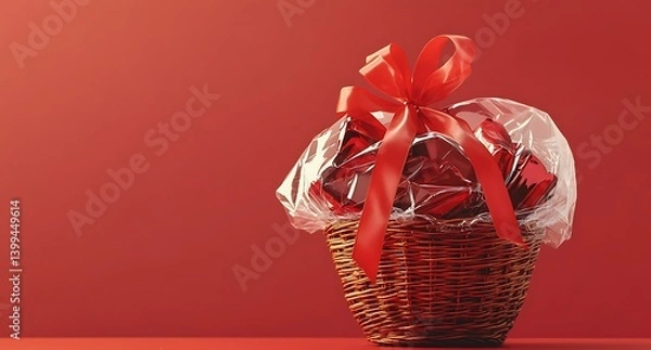 Fototapeta A gift basket wrapped in cellophane with a red ribbon, isolated on a solid color background