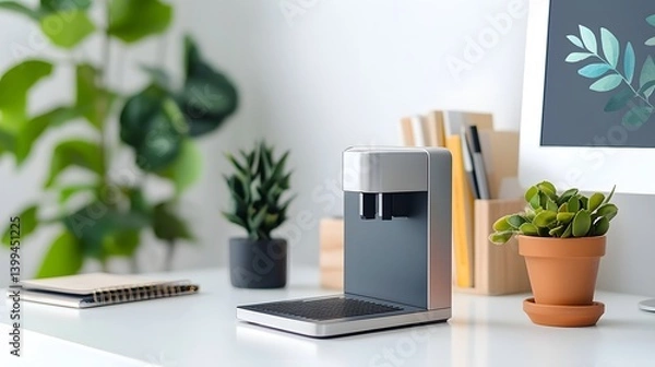 Fototapeta A silver paper punch on a minimalist desk setup