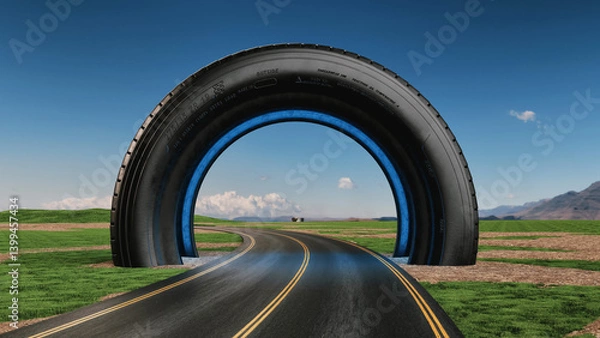 Obraz Road curving into car tire on landscape background..