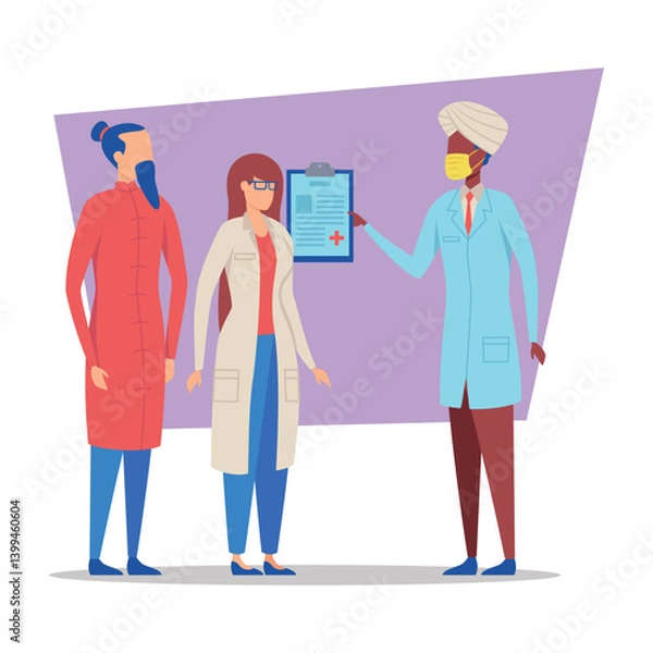 Obraz Doctor in scrubs explaining patients health status to two colleagues in clinic. Team focused on improving patient outcomes while ensuring effective communication