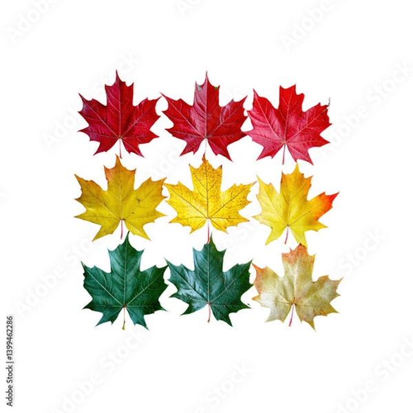 Fototapeta Vibrant Autumn Maple Leaves in a Colorful Grid Pattern