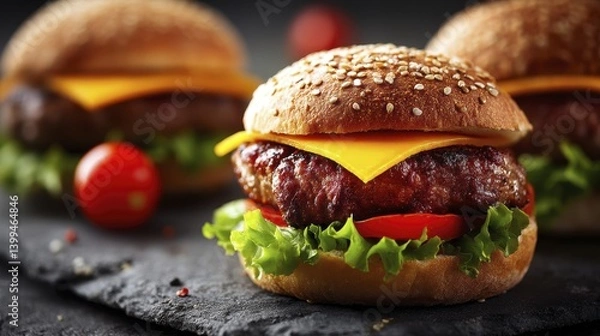 Fototapeta Juicy grilled hamburger patty nestled in a toasted sesame seed bun, lettuce, tomato, onion - fresh sesame cheeseburger fast onion
