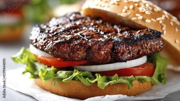 Fototapeta Juicy grilled hamburger patty nestled in a toasted sesame seed bun, lettuce, tomato, onion - toasted summer red barbecue tomato