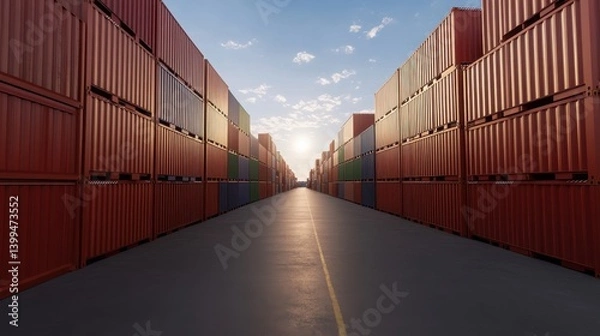 Obraz A symmetrical view of shipping containers stacked in a transport yard under a bright sky, showcasing modern logistics and global trade.