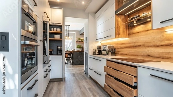 Obraz Efficient storage in small kitchen with pull-out drawers and cabinets