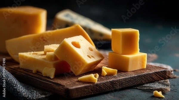 Obraz Appetizing cheese variety displayed on rustic wooden board