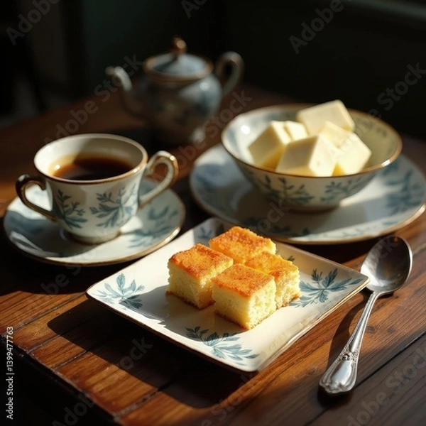 Fototapeta Elegant Still Life Featuring Coffee, Butter Cubes, Cake, and Tea Service