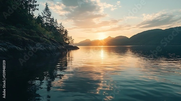 Fototapeta Tranquil lake reflects a vibrant sunset sky, framed by rocky shores and distant mountains in a serene outdoor setting. Reflections on water.